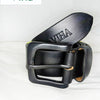 Viha Men's Leather Belt, a black belt with matte square buckle and embossed lettering on the folded end resting on a white surface