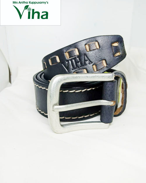 Viha Men's Leather Belt, a coiled dark blue belt with contrasting beige stitching features a matte silver-toned rectangular metal buckle