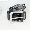 Viha Men's Leather Belt, a coiled dark blue belt with contrasting beige stitching features a matte silver-toned rectangular metal buckle