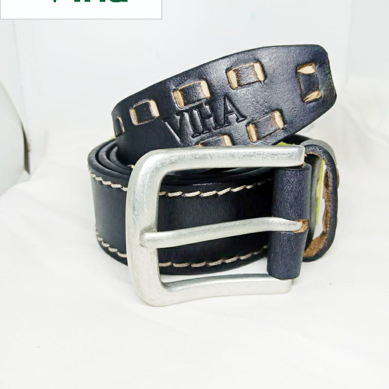 Viha Men's Leather Belt, a coiled dark blue belt with contrasting beige stitching features a matte silver-toned rectangular metal buckle