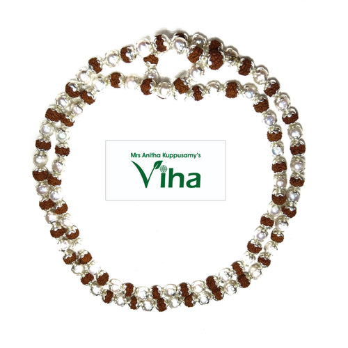 Pearl Rudraksh Mala With Silver Cappings