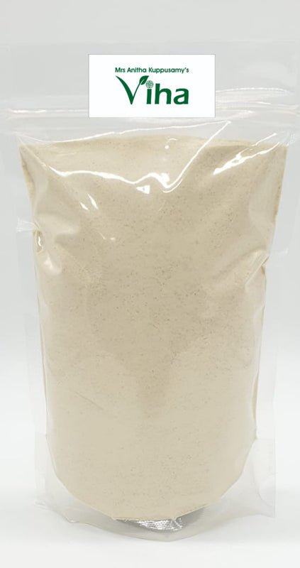 Panai Kizhangu Powder / Odiyal Maa / Palmyra Sprout Powder / Panankizhangu, one glossy transparent plastic pouch filled with off-white powder
