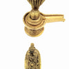 Shiva Lingam With Nandhi, a gold-toned metallic sculpture with seven snake heads and an oval base featuring engraved patterns viewed from two angles