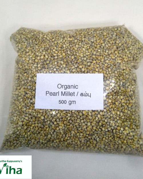 Organic Pearl Millet, plastic pouch containing round seeds
