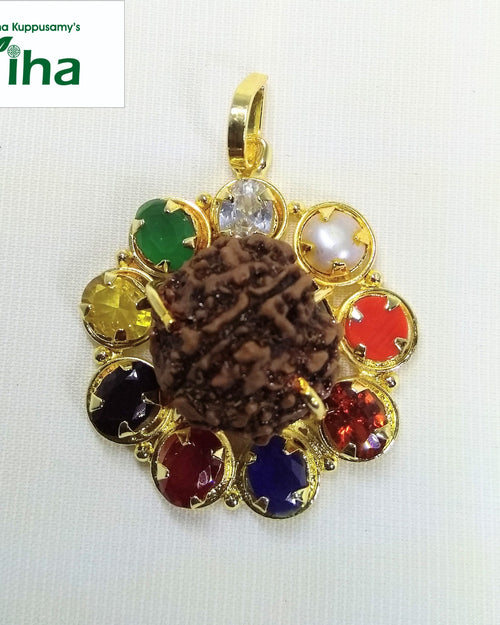 Navaratna Pendant With 5 Face Rudraksham, central textured seed and ring of faceted stones
