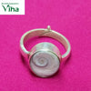 Silver Gomathi Chakra Ring, a silver-toned adjustable ring featuring a round white stone with a grey spiral pattern