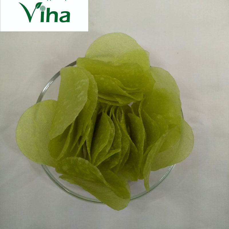 Green Fryums, in a glass bowl