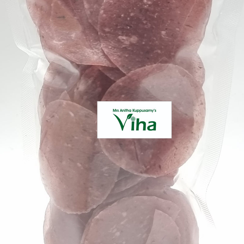 Beetroot Fryums in a transparent plastic pouch