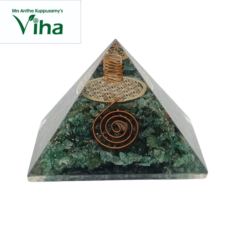 Green Aventurine Pyramid, embedded stone fragments and metal disc