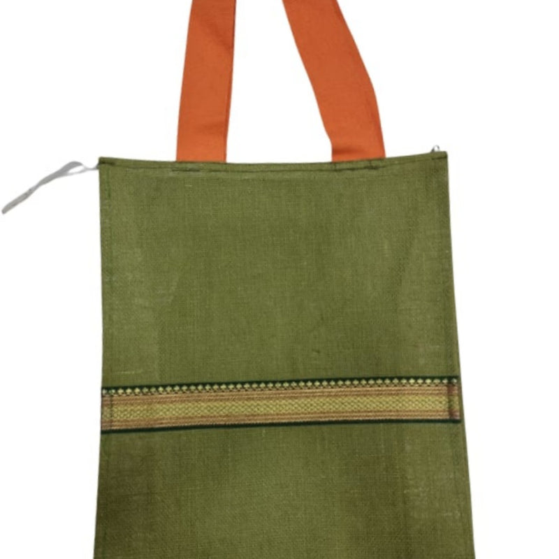 Jute Bag with zip, a green rectangular tote bag featuring two orange handles and a horizontal gold-toned patterned border across the front