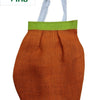Jute bag with zip, an orange woven pouch features a light green top band and two white fabric handles