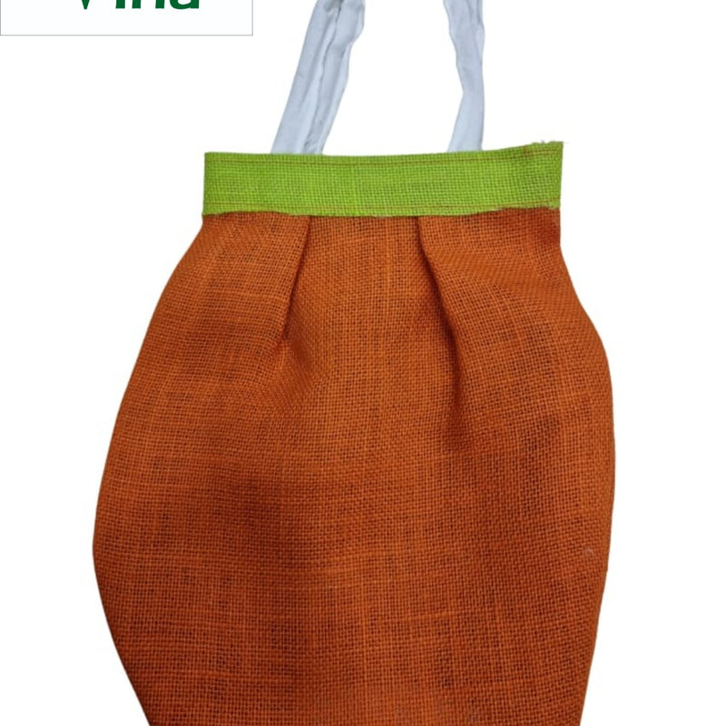 Jute bag with zip, an orange woven pouch features a light green top band and two white fabric handles