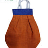 Jute Bag with Zip, an orange pouch with a blue band top, white fabric handles, and a coarse textured surface finish