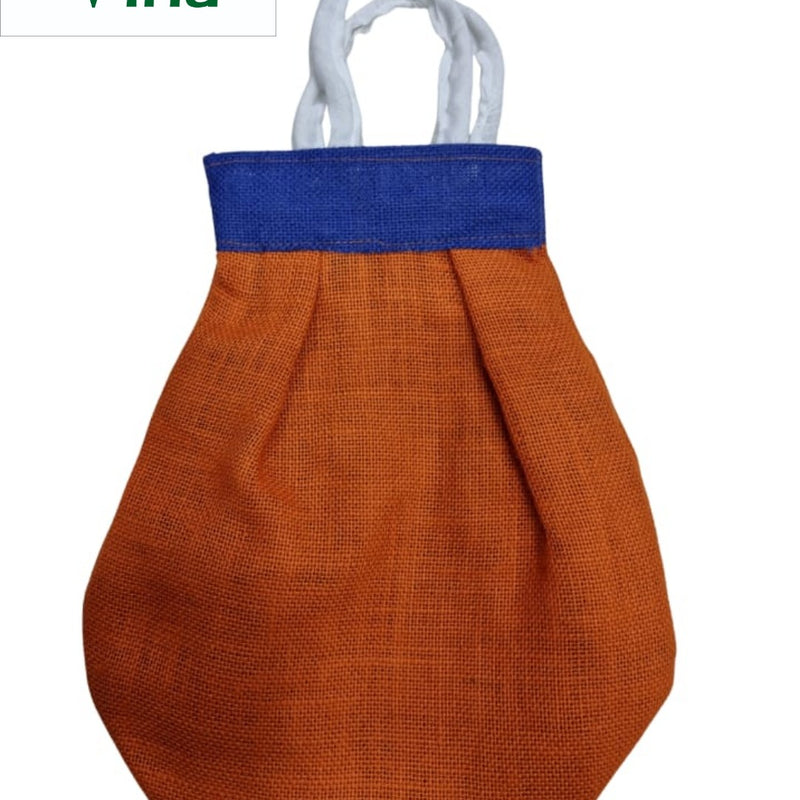 Jute Bag with Zip, an orange pouch with a blue band top, white fabric handles, and a coarse textured surface finish