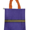 Jute Bag with Zip, a purple fabric tote bag with two orange handles features one horizontal patterned band across its upper half