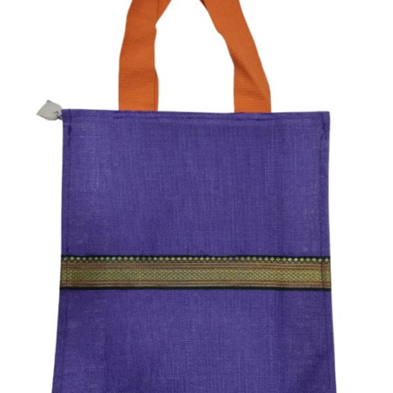 Jute Bag with Zip, a purple fabric tote bag with two orange handles features one horizontal patterned band across its upper half