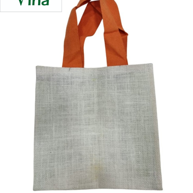 Jute Bag with Zip, a rectangular tote bag featuring an off-white textured woven body and two orange fabric handles attached at the top