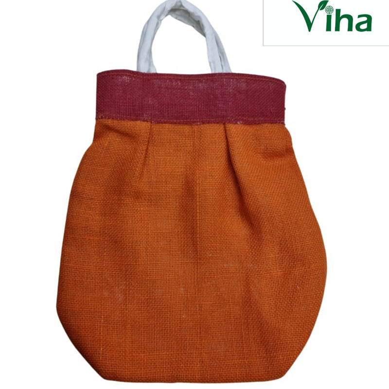 Jute Bag with Zip, a woven orange and maroon bag featuring two white fabric handles