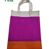 Jute Bag With Silk Design & With Zip, a vertical rectangular tote bag featuring white handles, a white textured top band, a magenta center, and an orange base