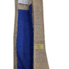 Jute Water Bottle Bag, side view of tall rectangular beige woven bag with blue gussets and two top handles
