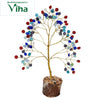 Multi Colour Vastu Crystal Lucky Tree, a decorative tree with a gold-toned wire frame and multicolored beads on its branches, seated in a textured round base