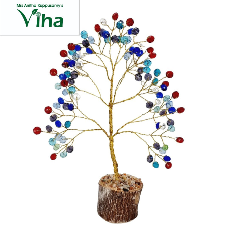 Multi Colour Vastu Crystal Lucky Tree, a decorative tree with a gold-toned wire frame and multicolored beads on its branches, seated in a textured round base