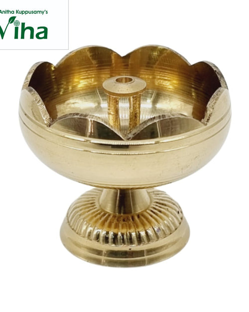 Lotus athma vilakku in brass, petal-rimmed oil bowl with central wick pin on a ribbed pedestal