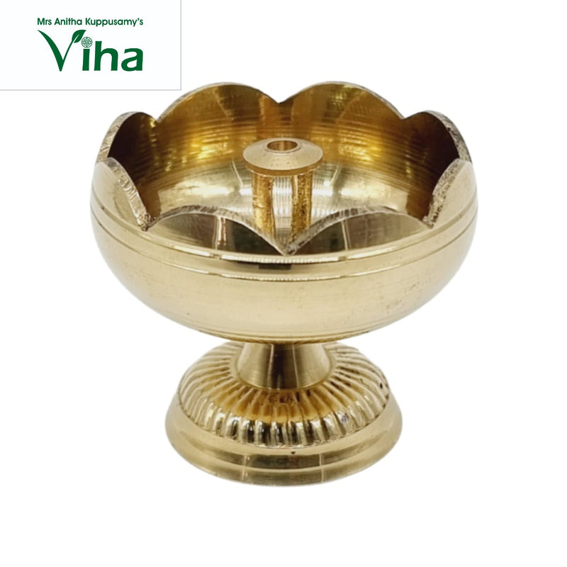 Lotus athma vilakku in brass, petal-rimmed oil bowl with central wick pin on a ribbed pedestal