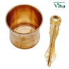 Panchapatram Copper, a shiny gold-toned metal cup with two engraved horizontal lines and a matching ornate long-handled spoon