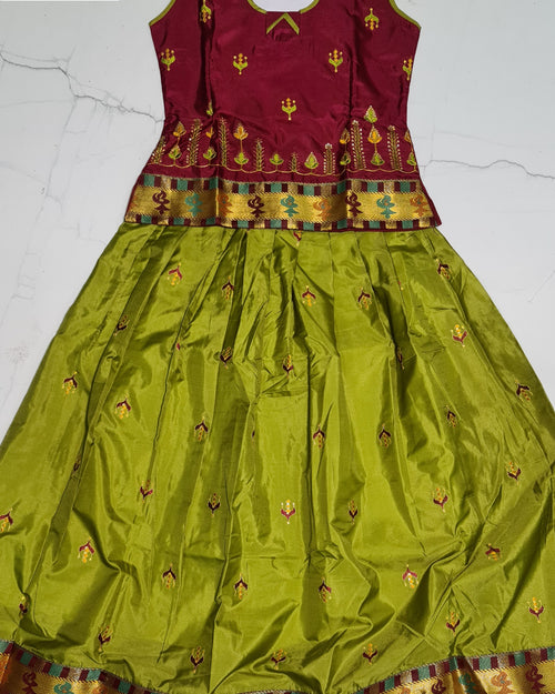 Ready Made Cotton Silk Pattu Pavadai Set with sleeves, a maroon and green embroidered two-piece set