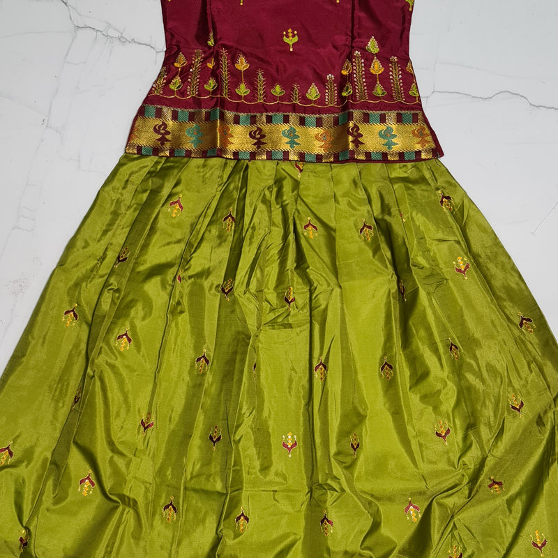Ready Made Cotton Silk Pattu Pavadai Set with sleeves, a maroon and green embroidered two-piece set