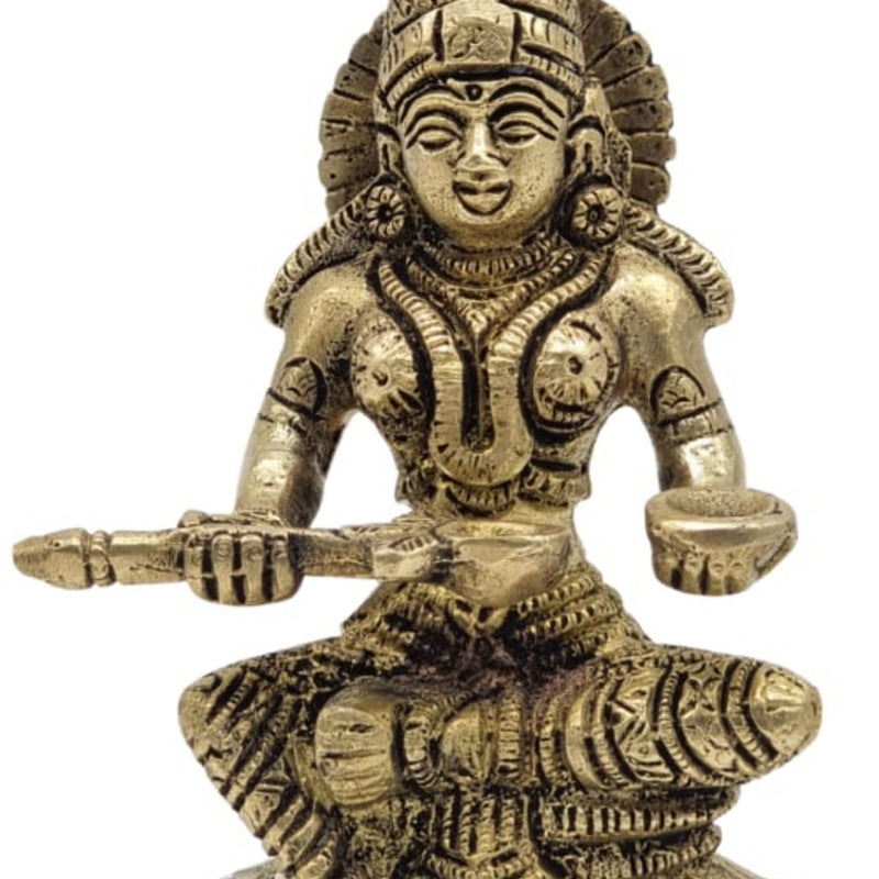 Annapoorani in brass, seated figure holding a long ladle in one hand and a bowl in the other