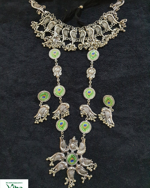 German Silver Peacock Haram & Neck Set with bird and circular motifs