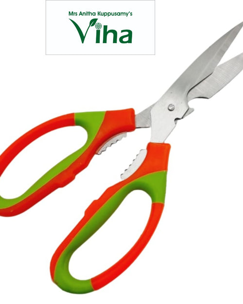 Stainless Steel Kitchen Scissors, a pair of kitchen shears with steel blades and orange and green handles joined by one pin
