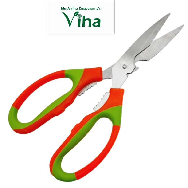 Stainless Steel Kitchen Scissors, a pair of kitchen shears with steel blades and orange and green handles joined by one pin