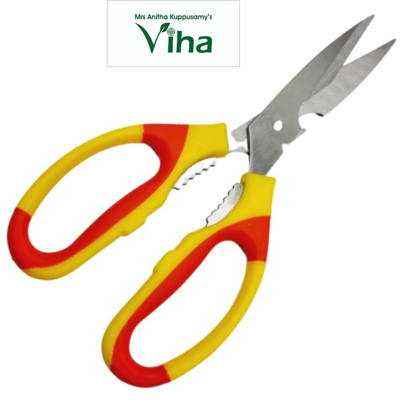 Stainless Steel Kitchen Scissors, scissors with two silver-colored blades and yellow-and-red handles with integrated serrated sections