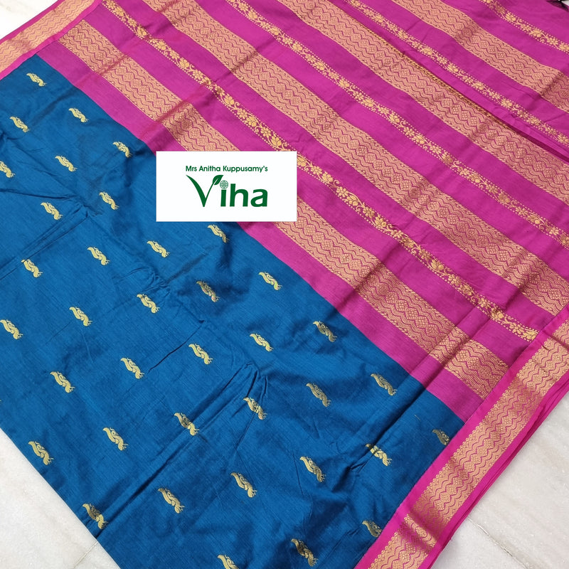 Kalyani Cotton Silk Saree with Blouse, golden motifs and fringe on one edge