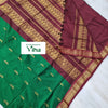 Kalyani Cotton Silk Saree with Blouse, woven green and maroon fabric featuring gold-toned motifs, patterned borders and black edge tassels