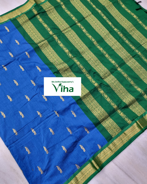 Kalyani Cotton Silk Saree with Blouse, diagonal stripes and two distinct primary colour zones