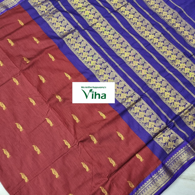 Kalyani Cotton Silk Saree with Blouse, maroon and purple with gold-toned woven borders and fringed edges