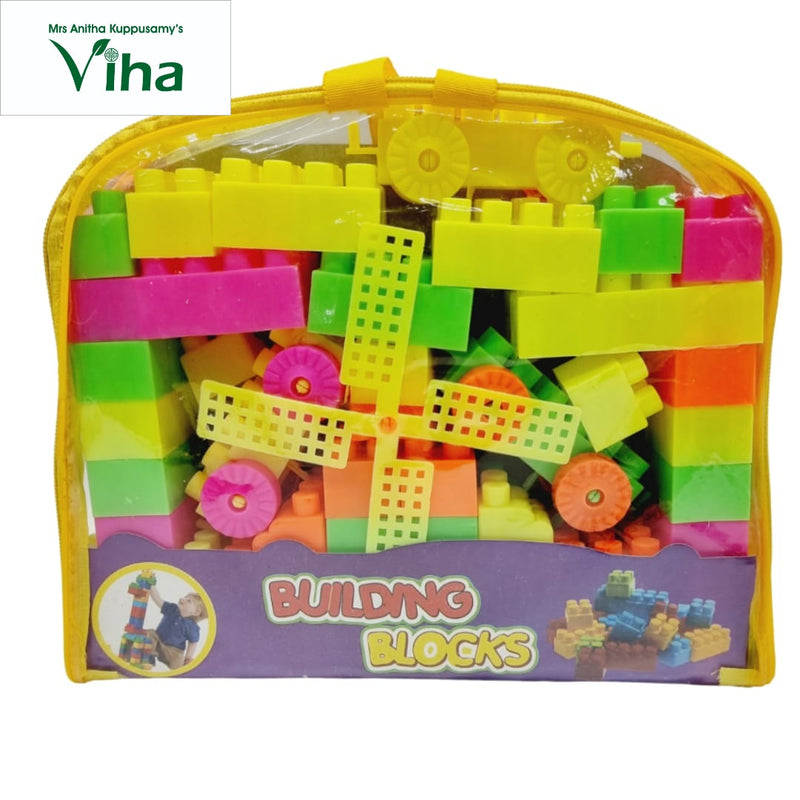 Building Blocks for Children, Kids, a yellow fabric and clear plastic bag filled with colorful plastic blocks and a four-bladed windmill