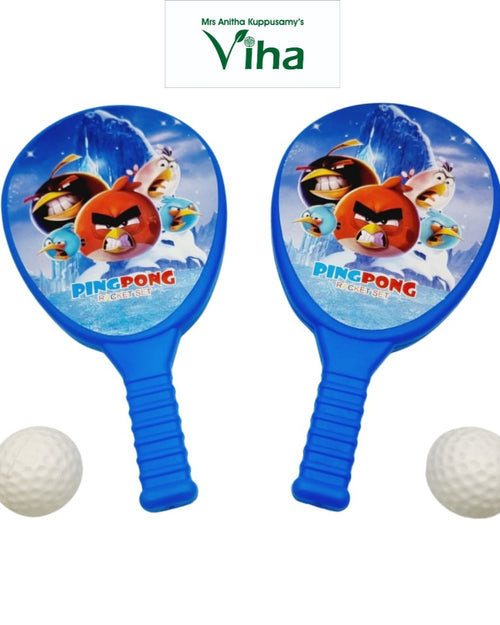 Angry Birds Racket Set for Children, two blue pingpong rackets featuring cartoon bird graphics and two dimpled white balls