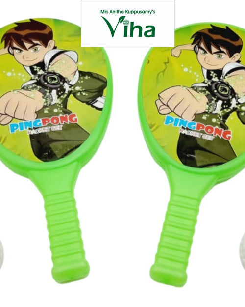 Jackey Racket Set for Children, two green rackets with cartoon illustrations and two dimpled white balls
