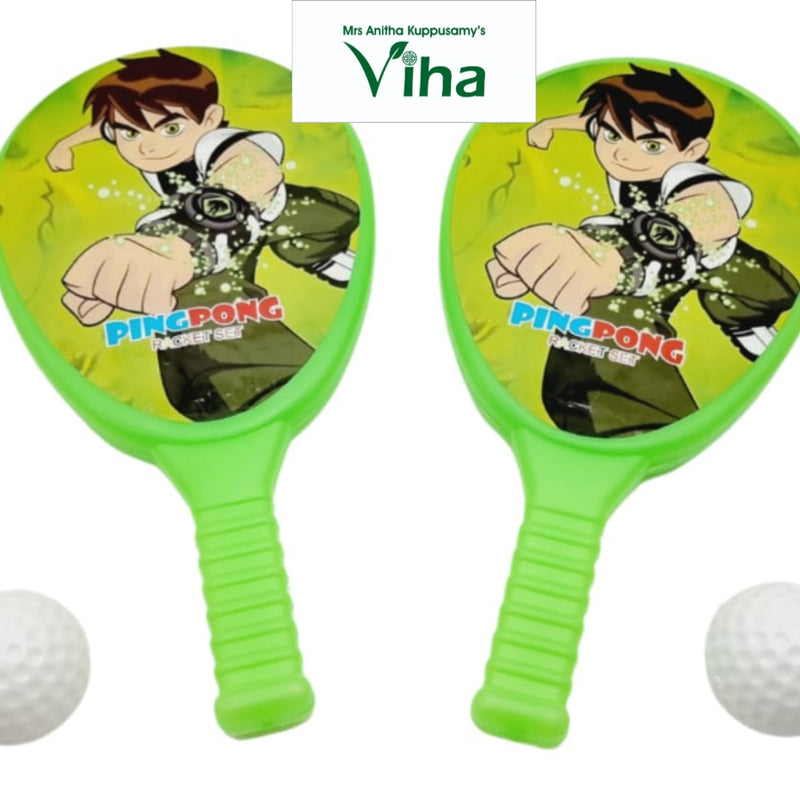 Jackey Racket Set for Children, two green rackets with cartoon illustrations and two dimpled white balls