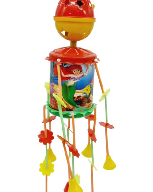 Musical Merry Go Round for Kids, a glossy multi-colored plastic hanging toy featuring a mermaid illustration and dangling stems with floral and bell shapes