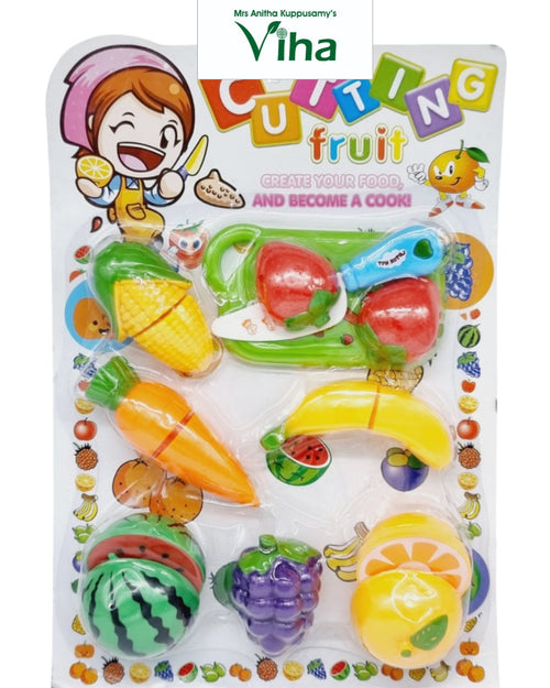 Cutting Fruit & Vegetables for Kids,Children, a packaged toy set featuring shiny, colorful plastic fruits and vegetables on a white cardboard backing