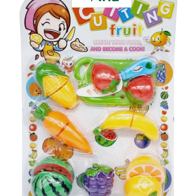 Cutting Fruit & Vegetables for Kids,Children, a packaged toy set featuring shiny, colorful plastic fruits and vegetables on a white cardboard backing