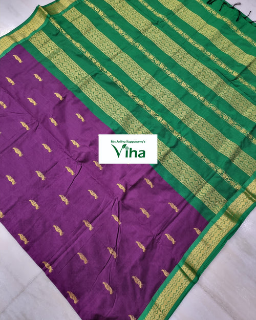 Kalyani Cotton Silk Saree with Blouse, green and purple with diagonal gold-toned stripes and tassels