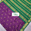 Kalyani Cotton Silk Saree with Blouse, green and purple with diagonal gold-toned stripes and tassels