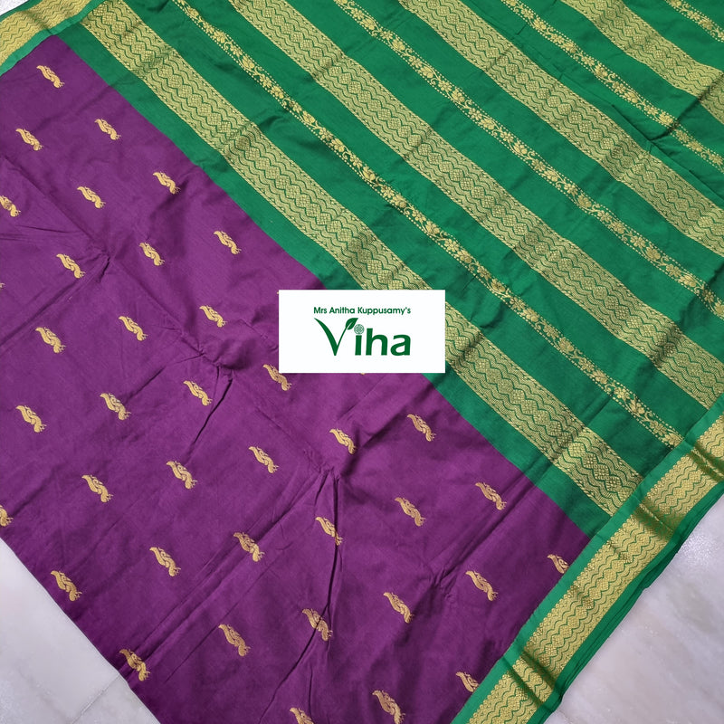 Kalyani Cotton Silk Saree with Blouse, green and purple with diagonal gold-toned stripes and tassels
